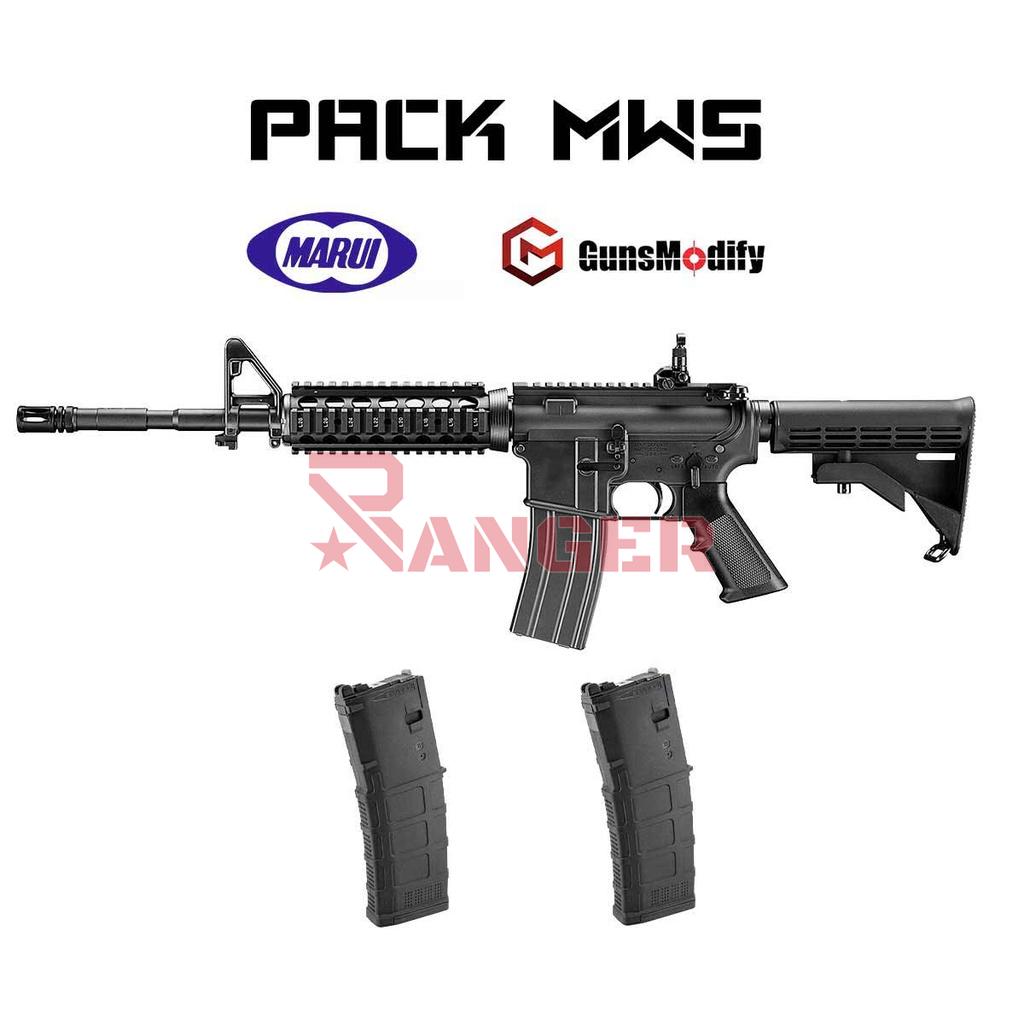 PACK FUSIL MARUI M4 MWS GAS NEGRO Y 2 CARGADORES GUNS MODIFY