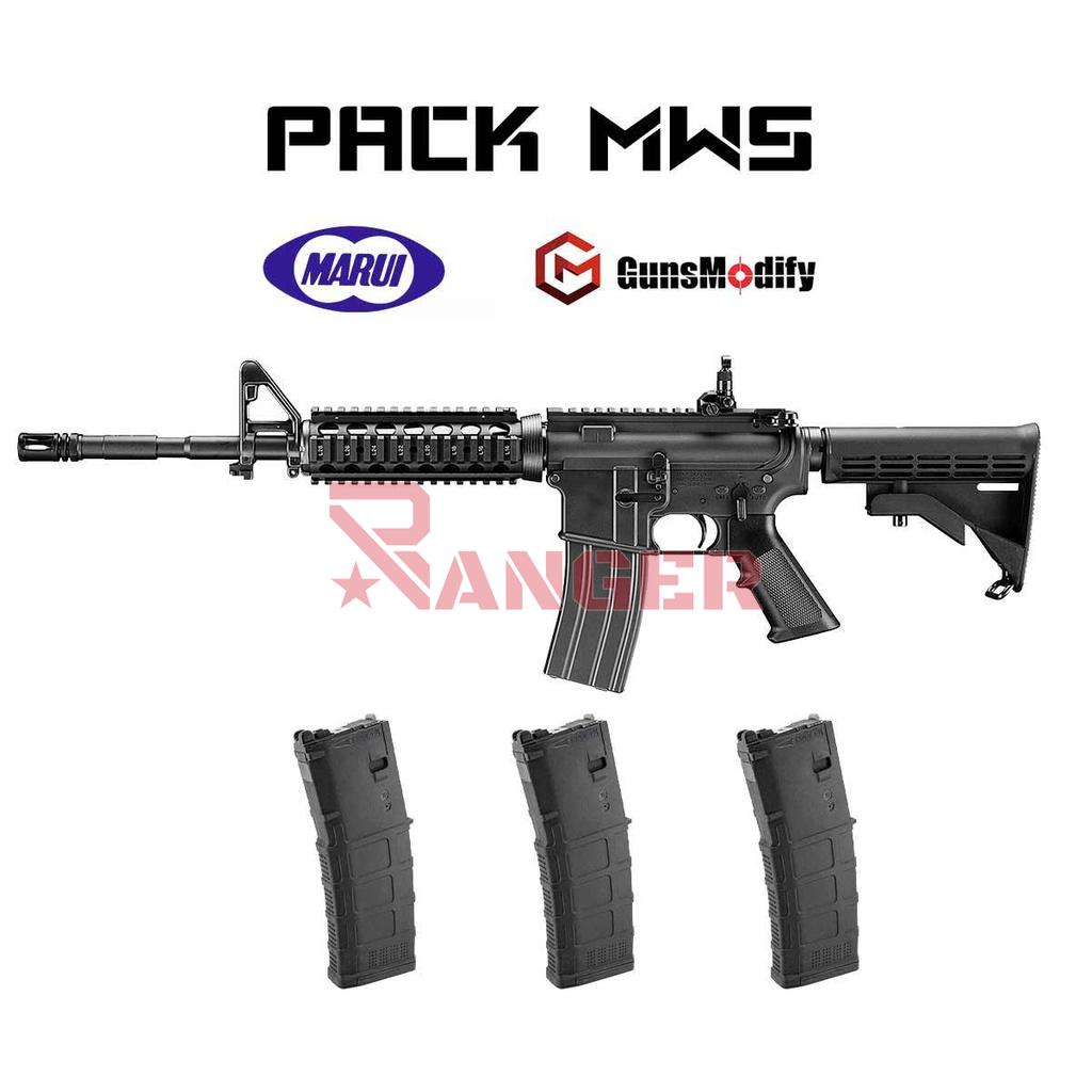 PACK FUSIL MARUI M4 MWS GAS NEGRO Y 3 CARGADORES GUNS MODIFY