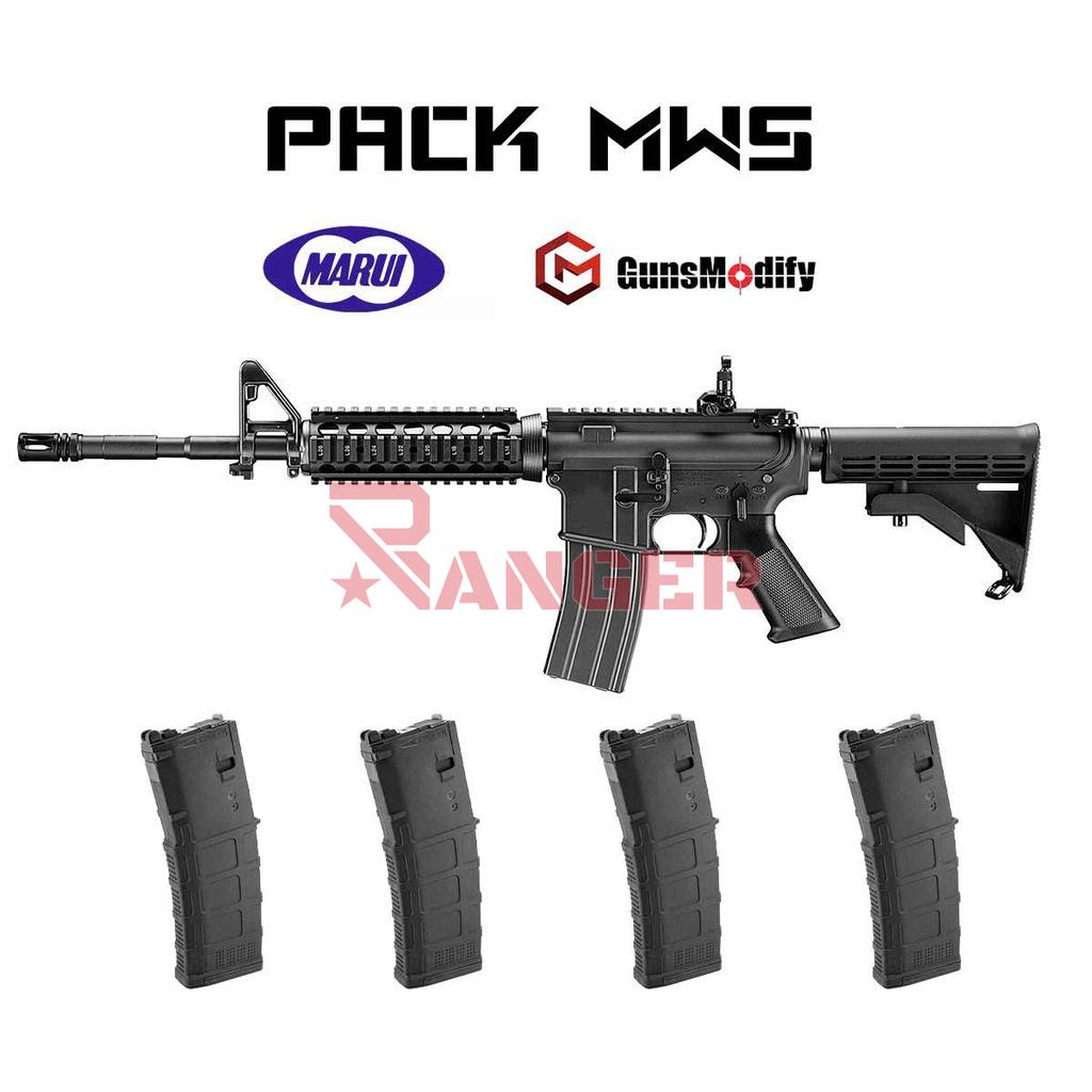 PACK FUSIL MARUI M4 MWS GAS NEGRO Y 4 CARGADORES GUNS MODIFY
