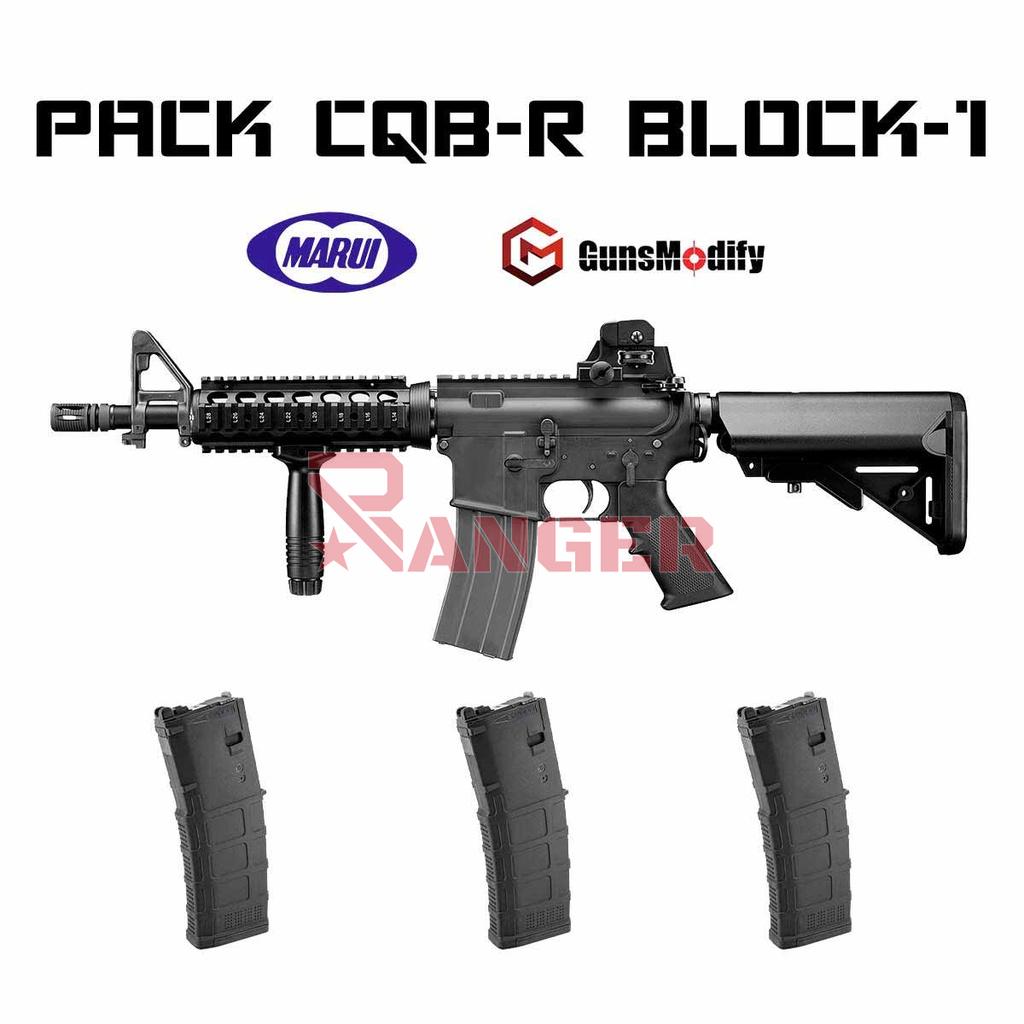 PACK FUSIL MARUI M4 CQB-R BLOCK.1 GAS NEGRO Y 3 CARGADORES GUNS MODIFY