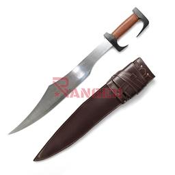 Espada corta Spartan 300 50 cm hoja de acero mango de metal forrado funda de piel sintética Marrón